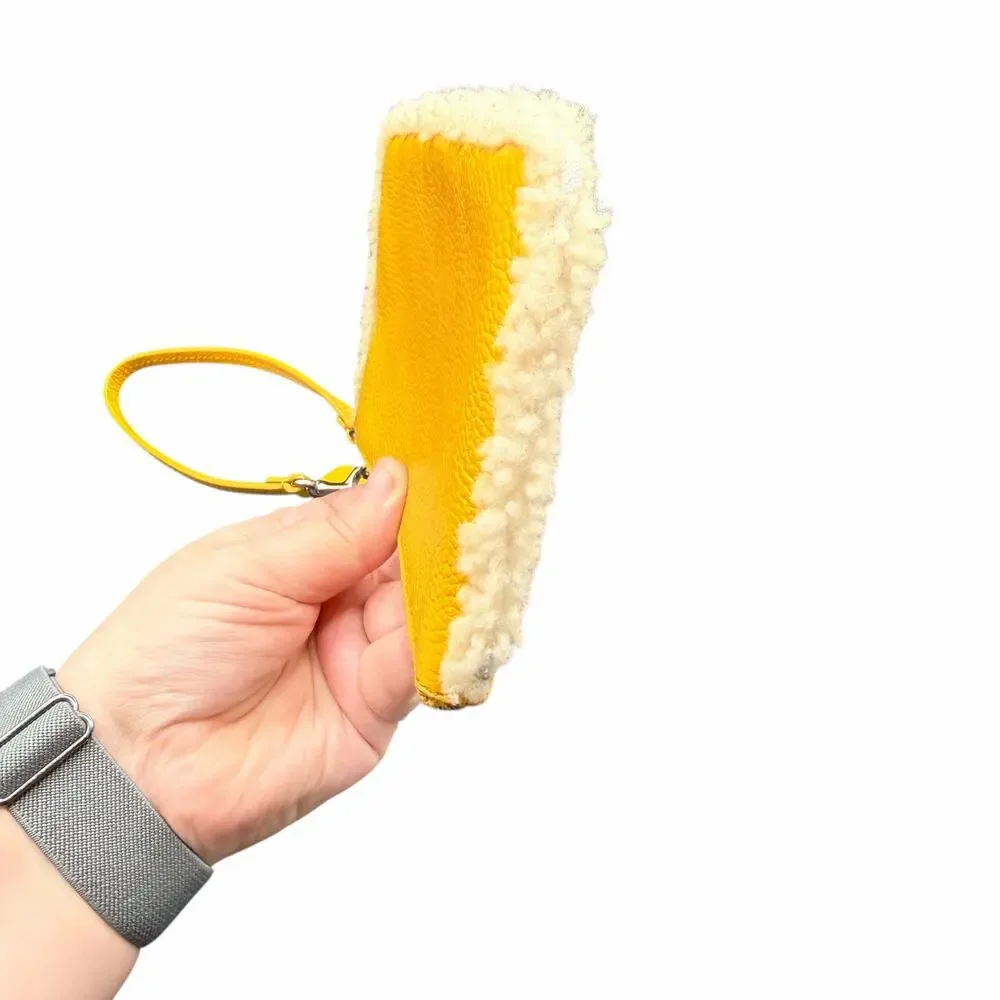 Coach Yellow Leather Shearling Trim Wristlet Pouch